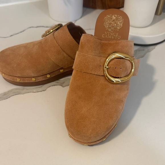 Vince Camuto Tan Suede Mules with Gold Accents - Picture 5 of 5